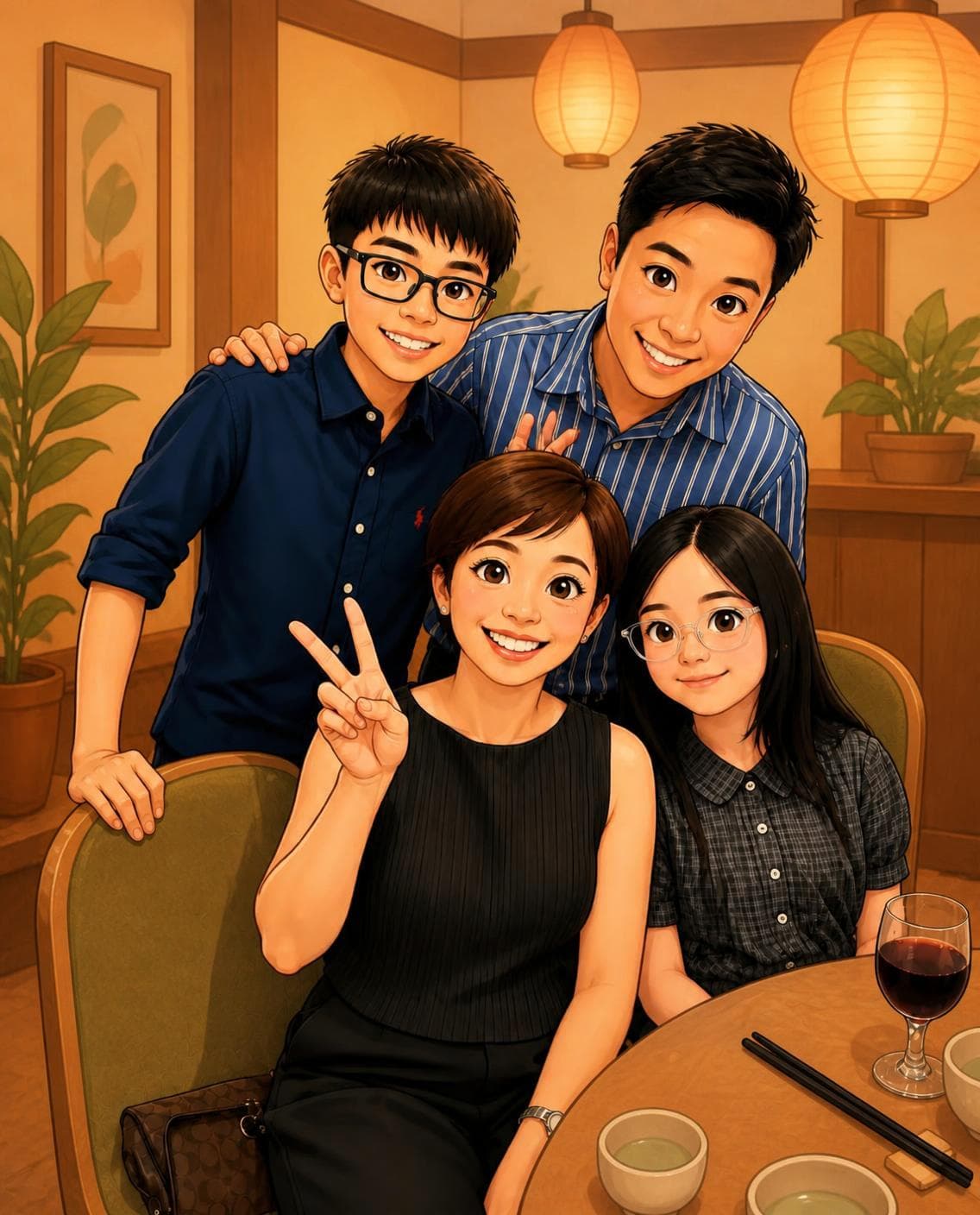 Cartoon illustration of Joel and his family at dinner